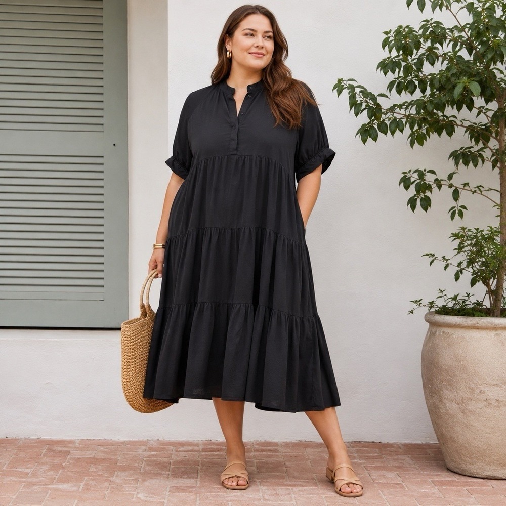 Black Tiered Midi Dress Women's Large Lightweight Classic Minimalist Summer